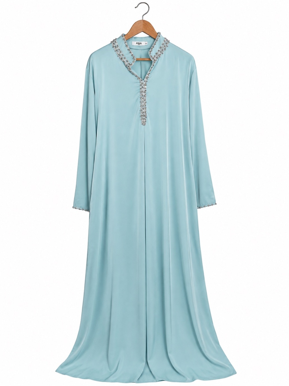 Blue Caftan with Silver Crystal Trim Collar – Adjustable Waist